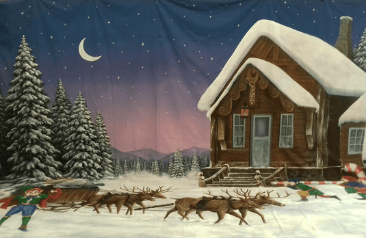 BACKDROP - CHRISTMAS HOUSE WITH REINDEER & ELVES H5m x W6.3m - Event Rentals