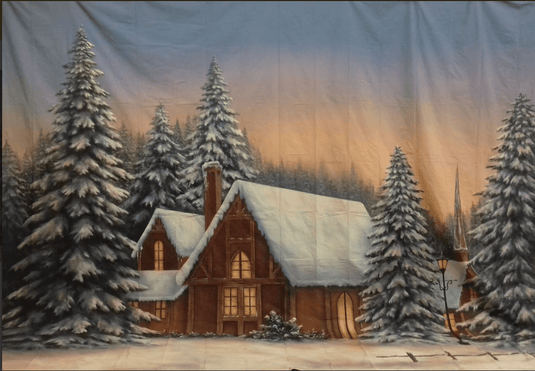 BACKDROP - WINTER SNOW CABIN H4m x W5m - Event Rentals